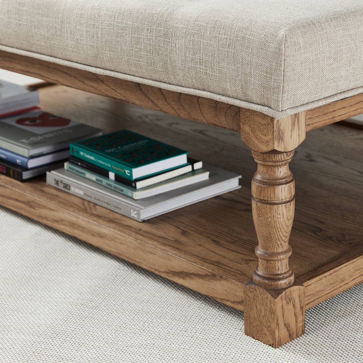 Burlington Shallow Buttoned : Square Oak Framed Coffee Table Stool ...