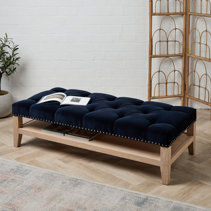 Deep Buttoned Oak Framed Ottoman (Linwood Omega Navy) 135 x 62cm