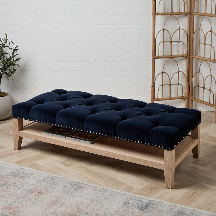 Deep Buttoned Oak Framed Ottoman (Linwood Omega Navy) 135 x 62cm