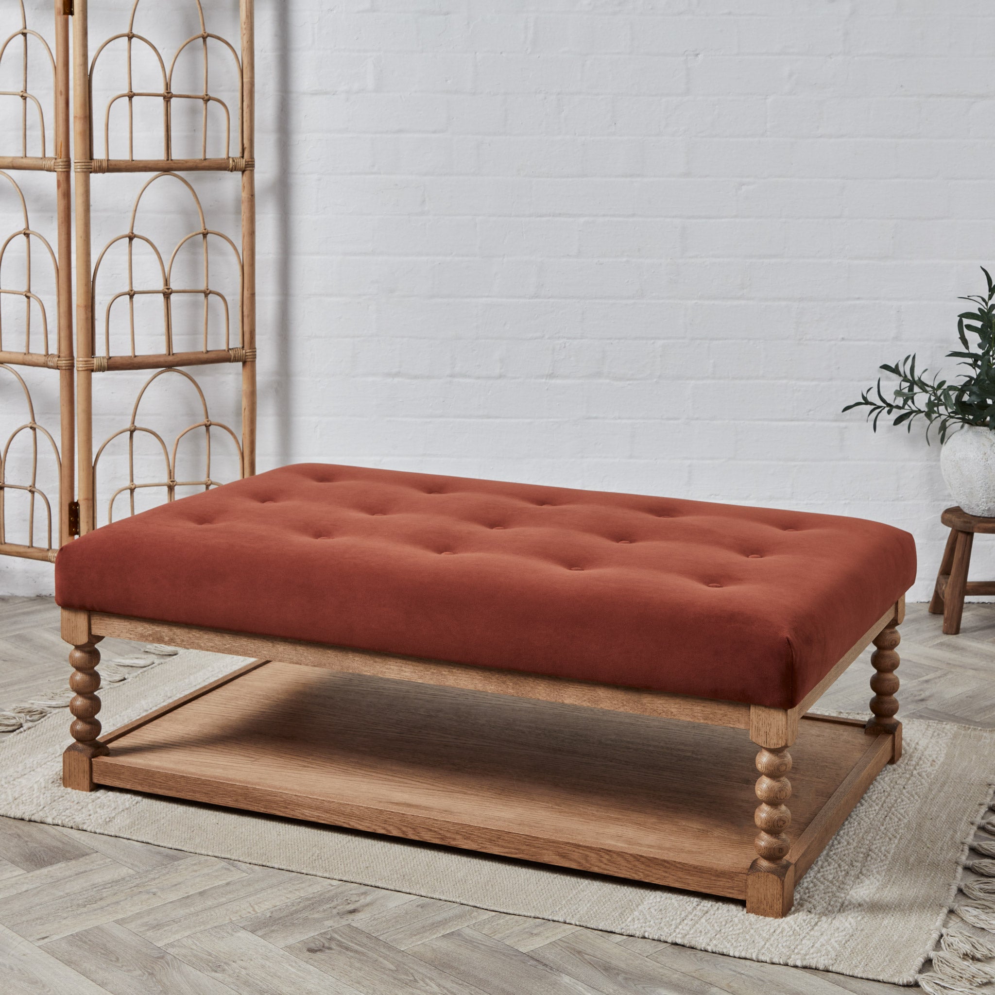 Suppliers Of Paros Shallow Buttoned & Bobbin : Oak Framed Coffee Table Stool